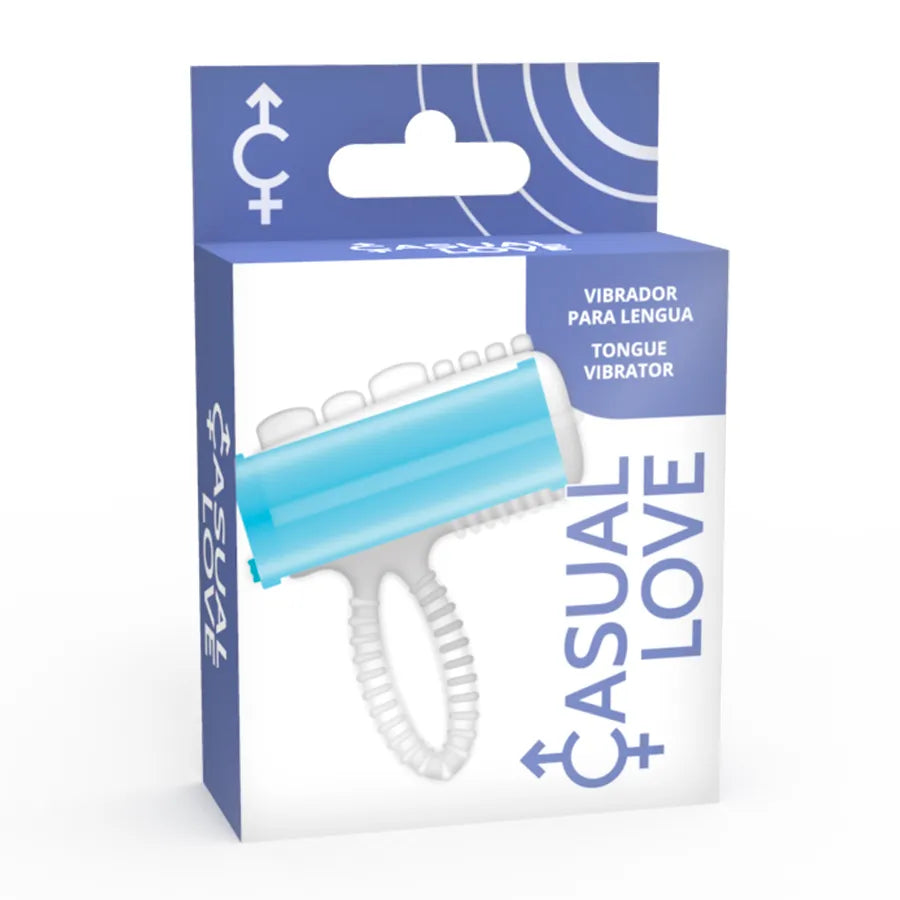 Vibromasseur bleu en forme de bague, flexible, pour doigt ou langue, avec moteur puissant, dans un emballage Casual Love.