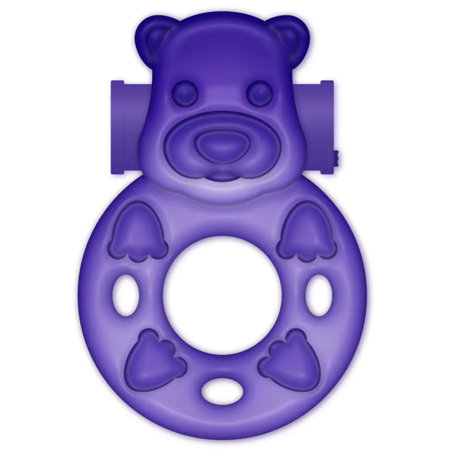 Anneau vibrant lilas en TPR avec design de lapin, interrupteur intégré, flexible pour ajustement optimal.