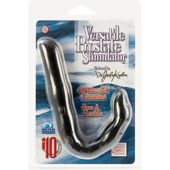 Stimulateur prostate noir en forme de U, 10 fonctions, étanche, emballage transparent, piles incluses.