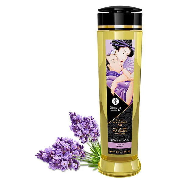 Huile de massage érotique Shunga, texture douce, parfum lavande, 240 ml, corps glissant, sensoriel, bien-être intime