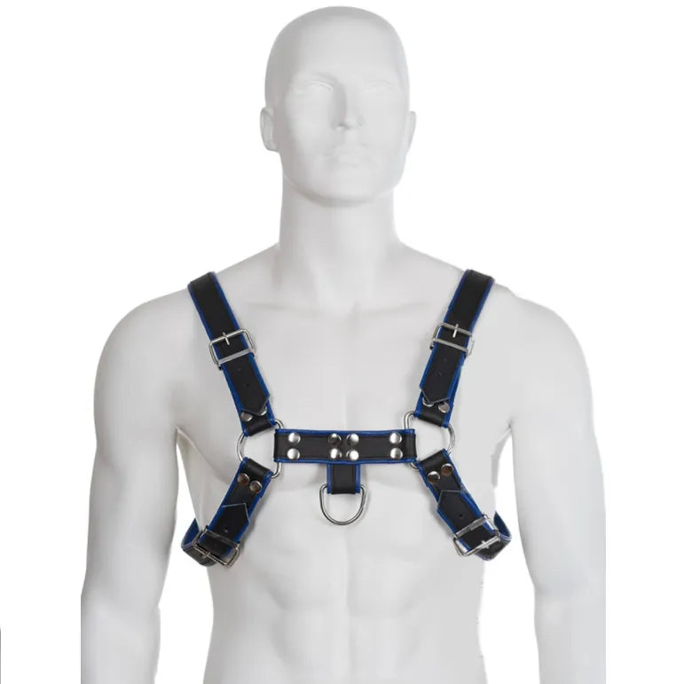 Harnais BDSM cuir homme réglable bleu noir chaînes métalliques tailles S à XL