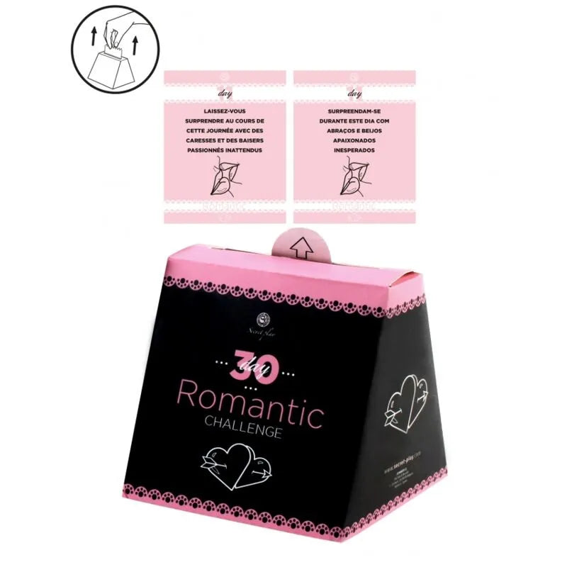 Boîte noire et rose 30 Défis Romantiques avec cartes en français et portugais, design élégant et moderne.