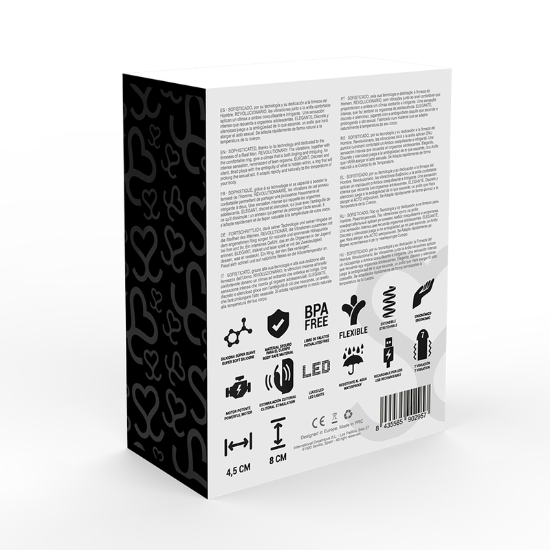 Anneau vibrant Moressa Zac, noir, élégant, rechargeable, en silicone, discret, boîte avec motifs et détails techniques.