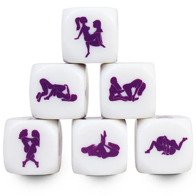 Dés érotiques Kamasutra lesbiennes 25mm illustration violettes en plastique lisse pour stimulation sexuelle couple intimité sextoy discret