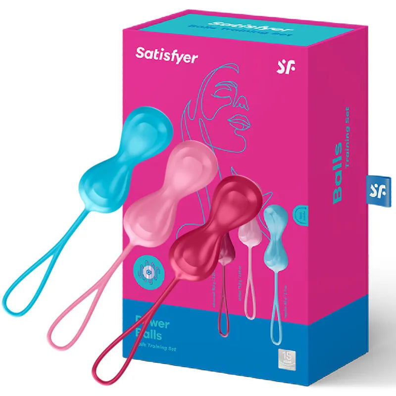 Ensemble Loveballs Satisfyer, trois billes en silicone rose et bleu, tonification pelvienne, boîte rose et bleue.