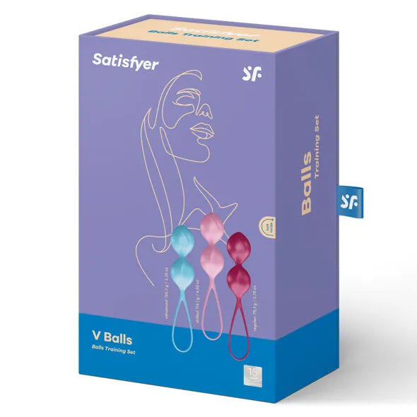 Ensemble de boules de Kegel Satisfyer, 3 tailles, silicone hypoallergénique, couleurs pastel, boîte violette élégante.