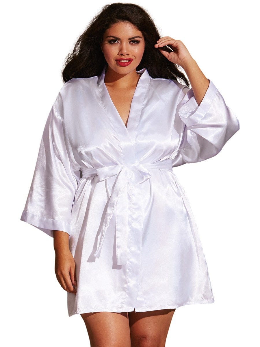 Kimono satin, ceinture attachée, nuisette et cintre assorti - DG3717XWHT