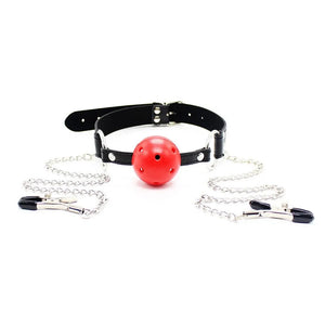 ensemble bondage complet bdsm bâillon balle 4cm pinces tétons réglables chaînes 30cm longueur 61cm matériau PU plastique noir