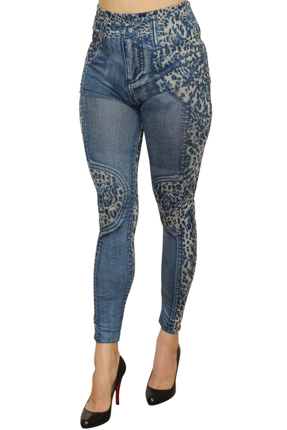 Legging bleu effet jean délavé imprimé léopard - FD1017