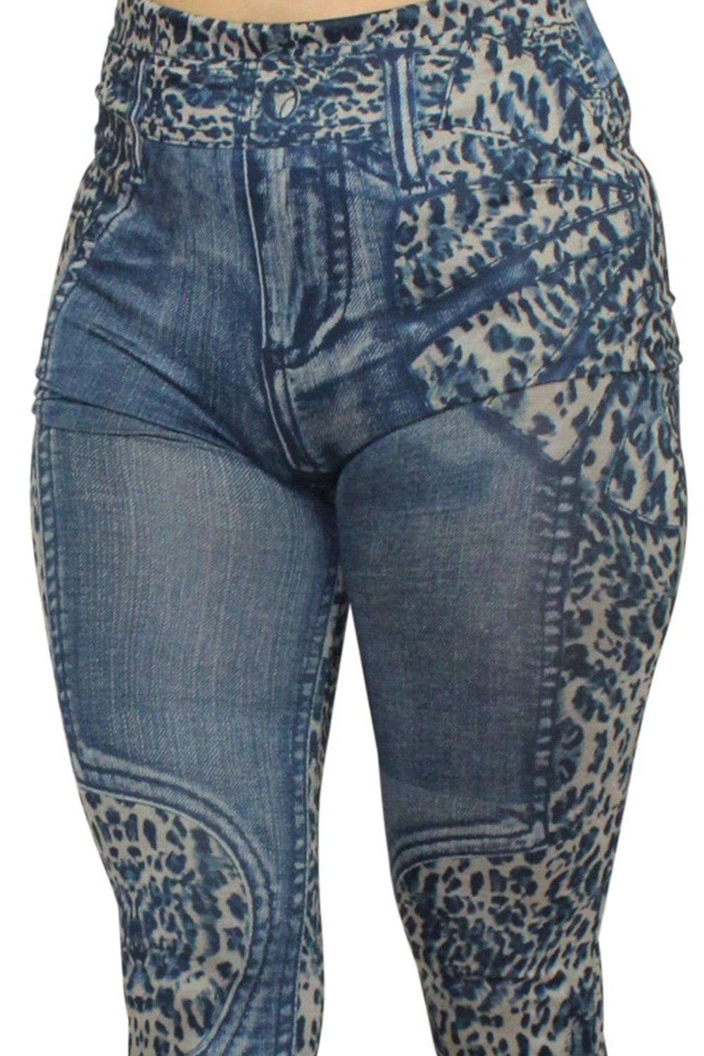 Legging bleu effet jean délavé imprimé léopard - FD1017