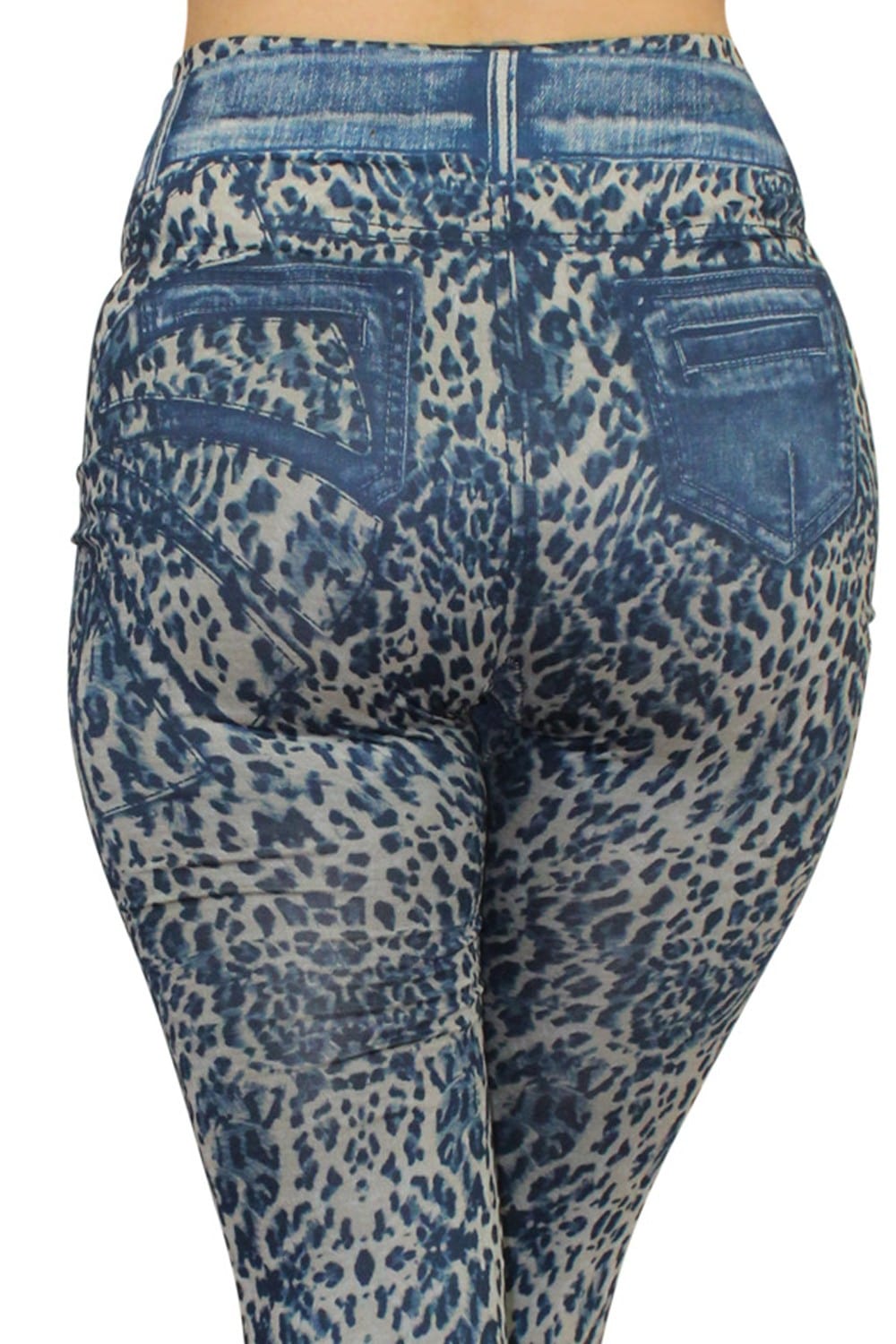 Legging bleu effet jean délavé imprimé léopard - FD1017