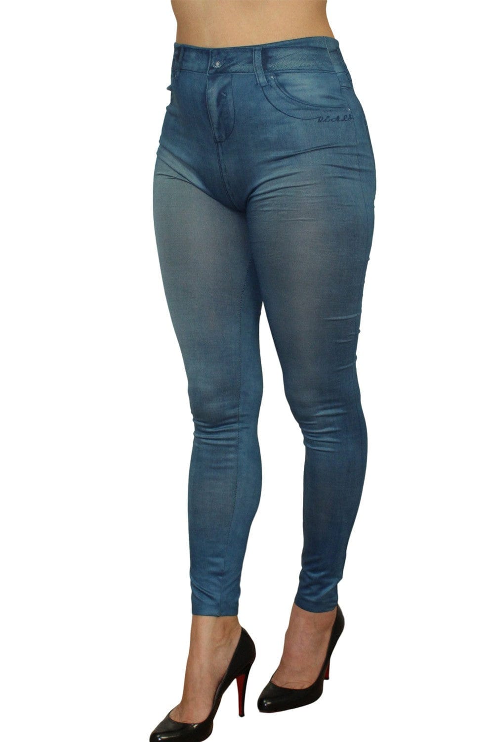 Legging bleu style jean moulant avec impressions sur poches - FD1018