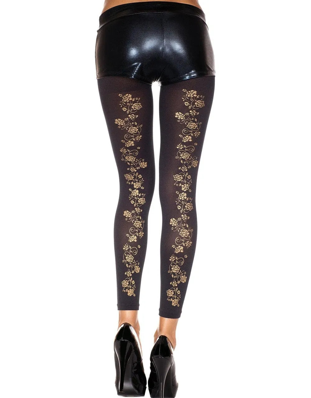Legging Noir Opaque Avec Motif Fleurs Dorées