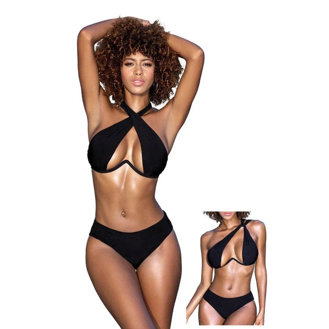 Maillot De Bain Deux Pièces Noir Multipositionnable Avec Armatures