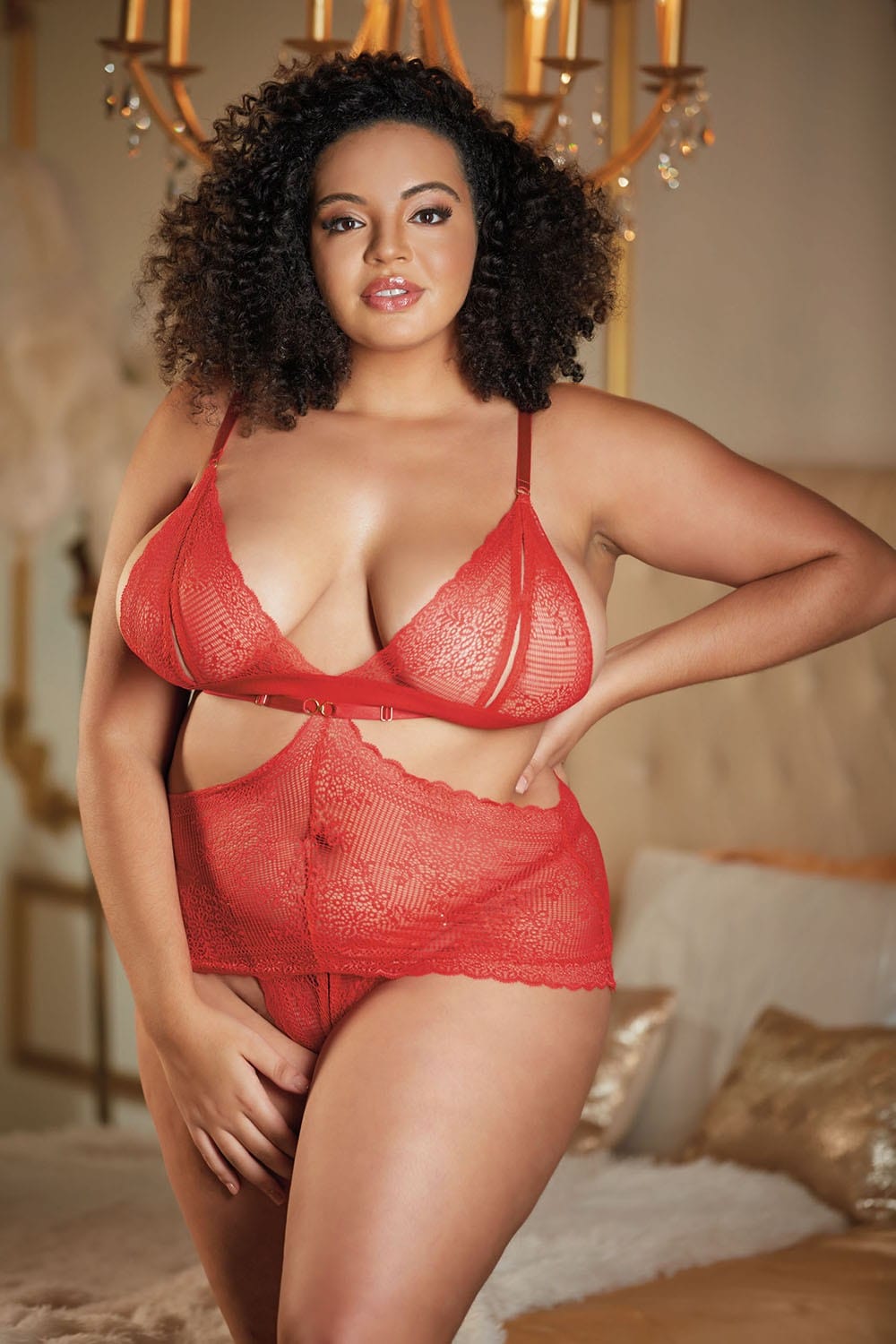 Nuisette dentelle rouge grande taille avec string ouvert ROSIE - 17-6002XR