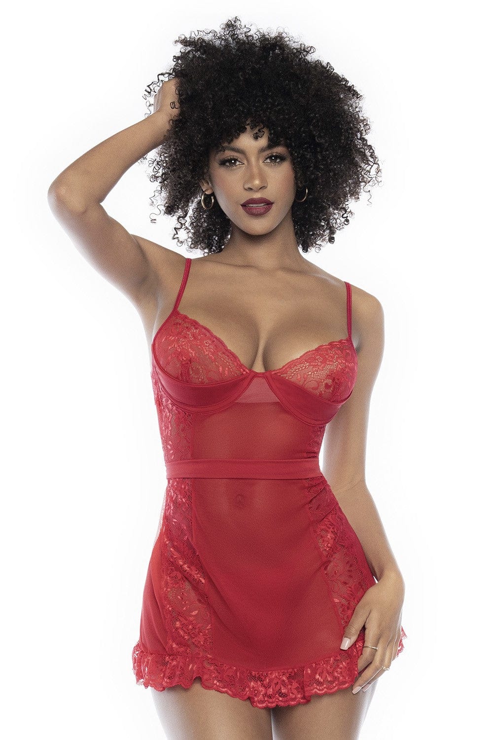 Nuisette en dentelle et résille rouge avec string assorti - MAL7507RED