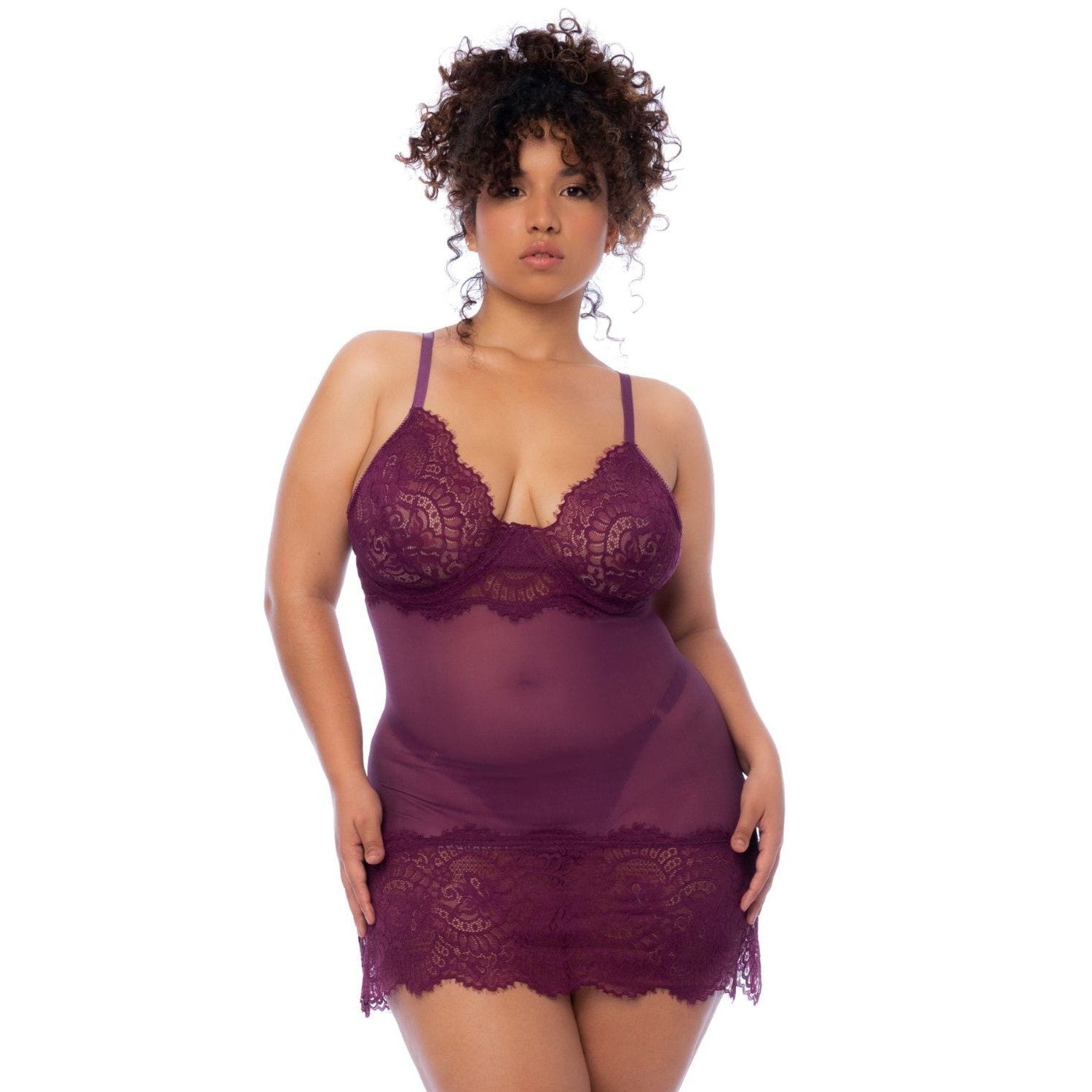 Nuisette en dentelle grande taille bordeaux et string assorti - MAL7554XWINE