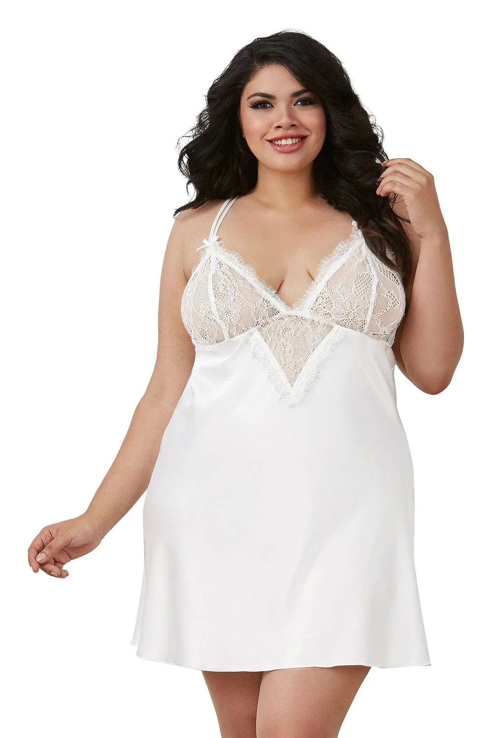 Nuisette Grande Taille Blanche Satinée Avec Dentelle