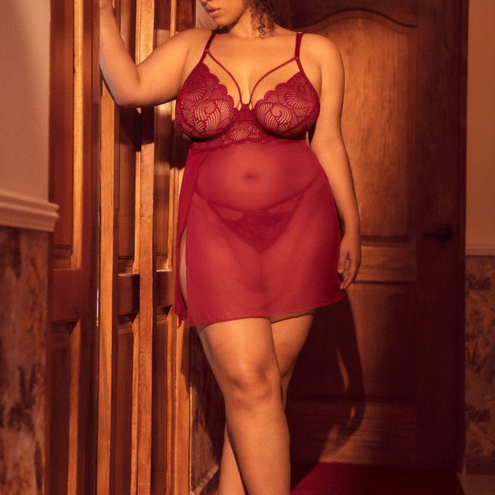 Nuisette grande taille couleur framboise et string - MAL7555XROSW