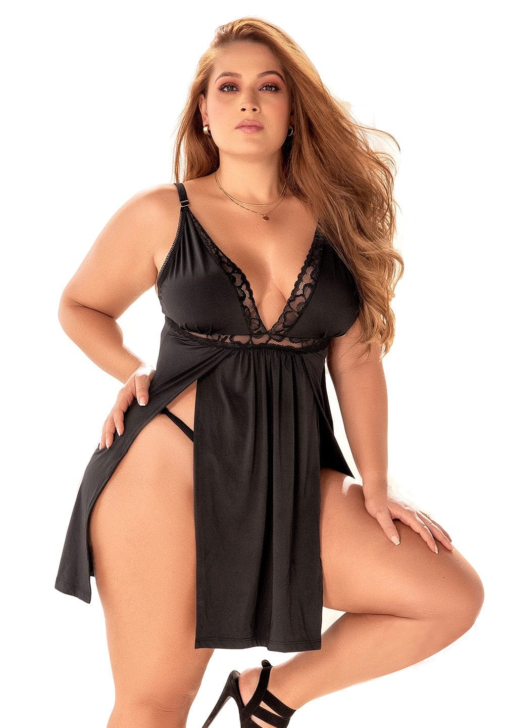 Nuisette, grande taille,  noire semi ouverte sur les côtés - MAL7341XBLK