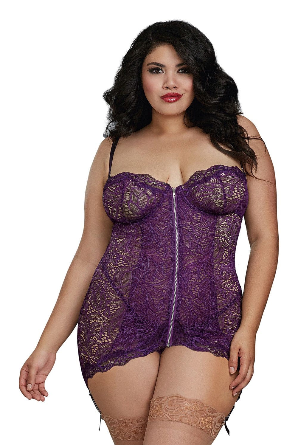 Nuisette grande taille  prune avec zip et jarretières - DG11803XPLU