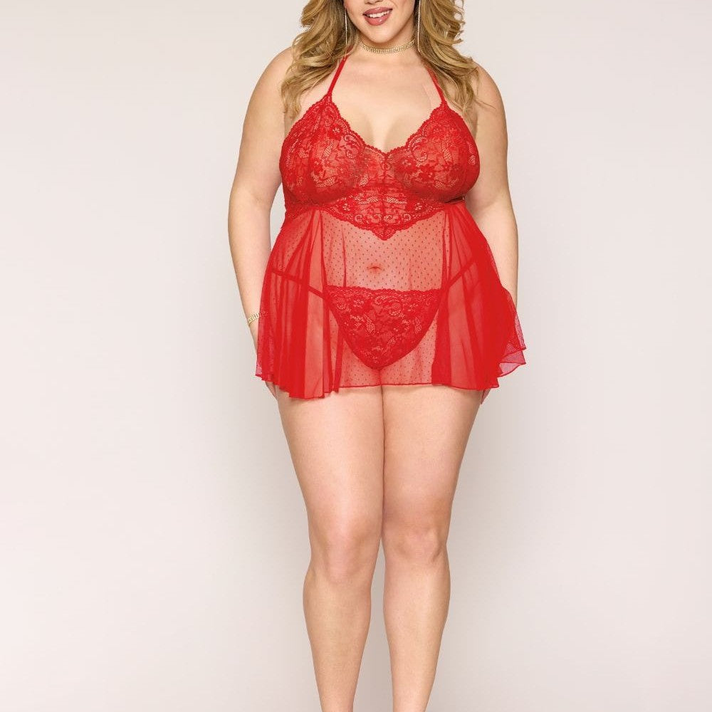 Nuisette grande taille rouge en résille et dentelle florale, string assorti - DG13524XRED