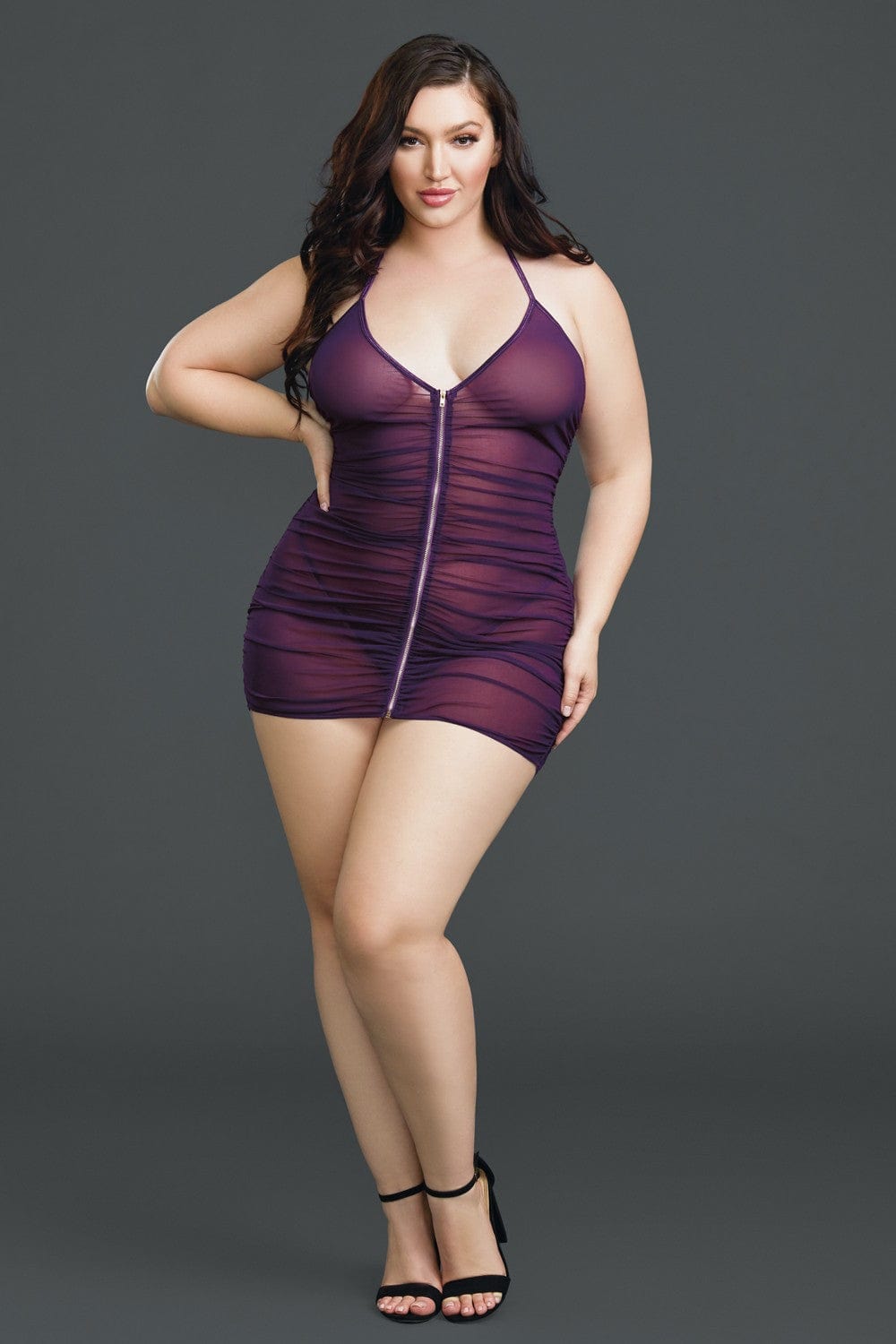 Nuisette grande taille violette froncée avec zip - DG11517XPLU