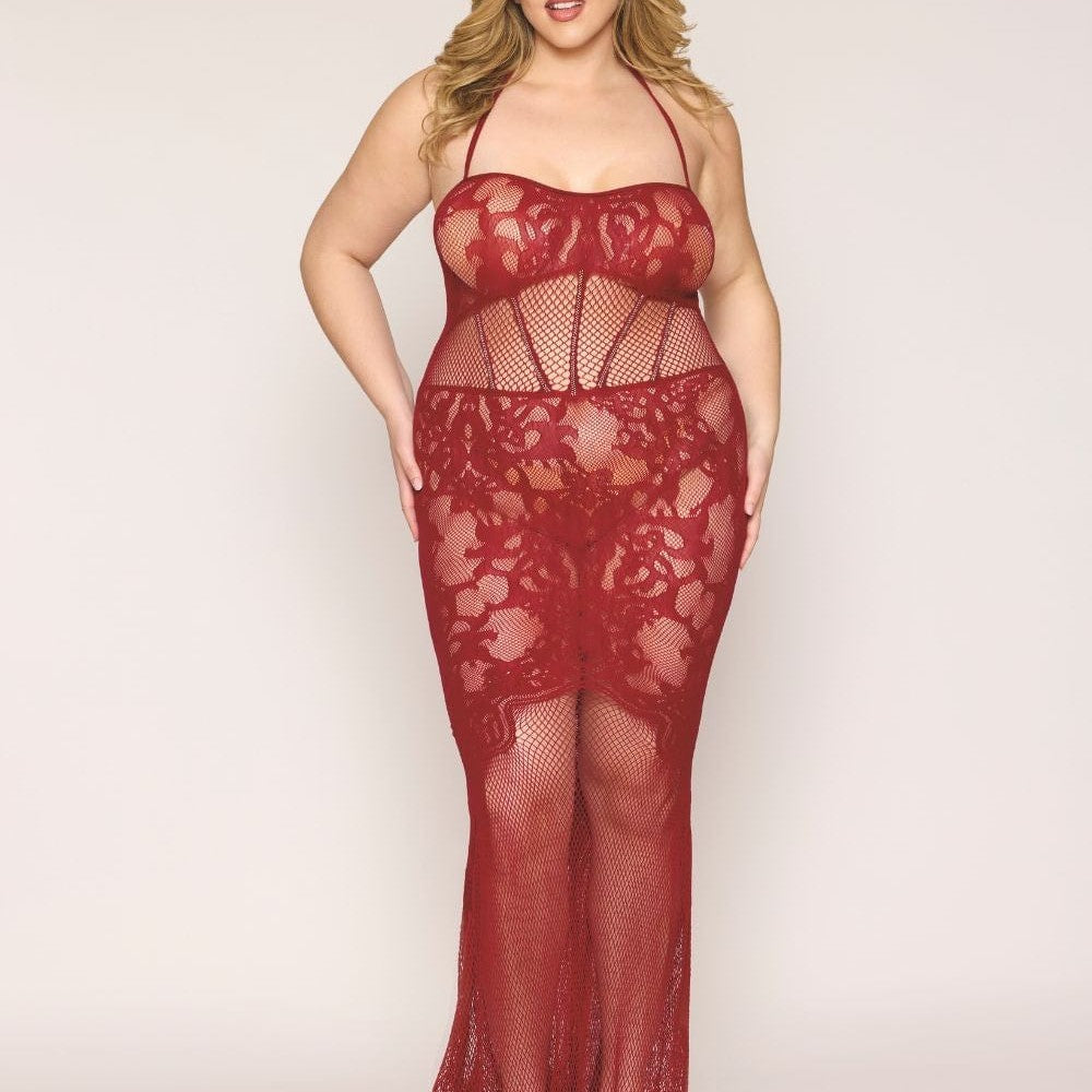 Nuisette longue grande taille en résille rouge - DG0487XRED