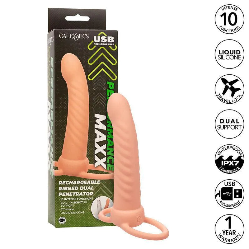 Pénétrateur Double Silicone Nervuré Rechargeable Pour Double Pénétration