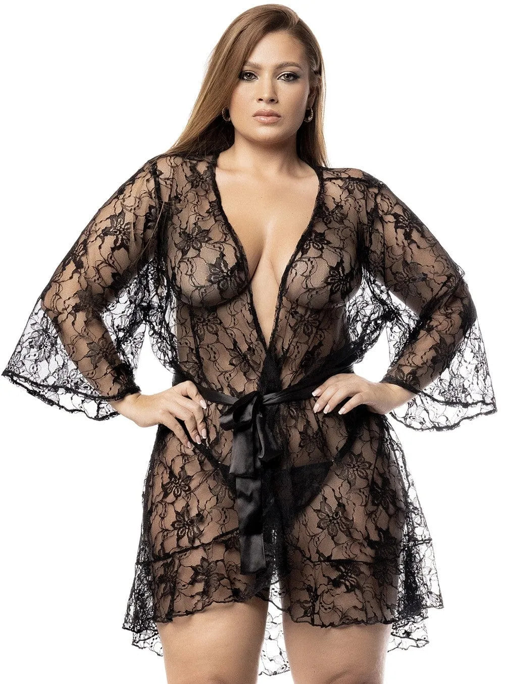 Peignoir Grande Taille Noir Dentelle Asymétrique