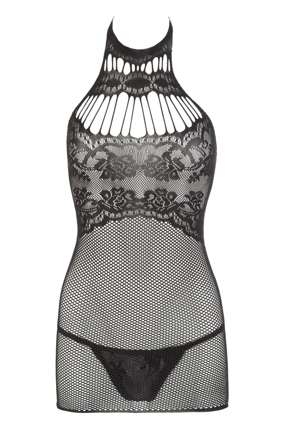 Petite robe en résille noire, sans couture, avec dentelle sur la poitrine. String assorti - R27167551101