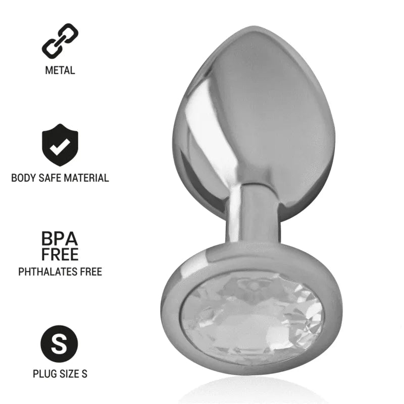 Plug anal en métal argenté avec bijou diamant, forme conique, taille S, matériau sûr et sans BPA, design élégant.