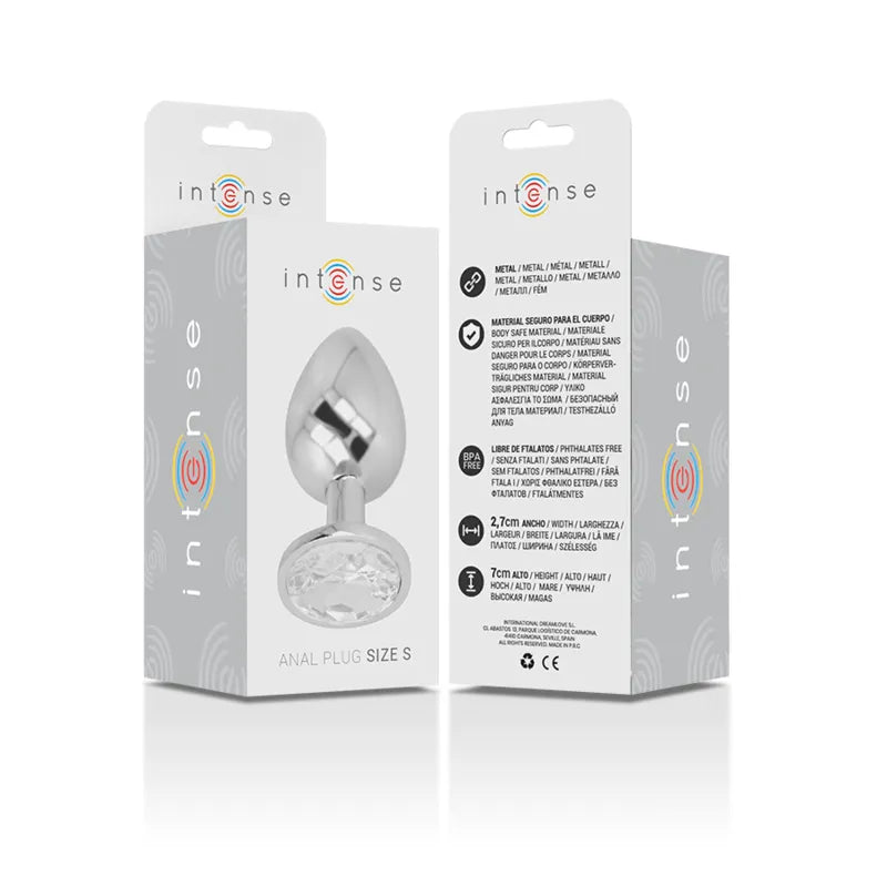 Plug anal en métal argenté avec bijou diamant, design élégant, emballage Intense, luxe et confort pour plaisir intime.