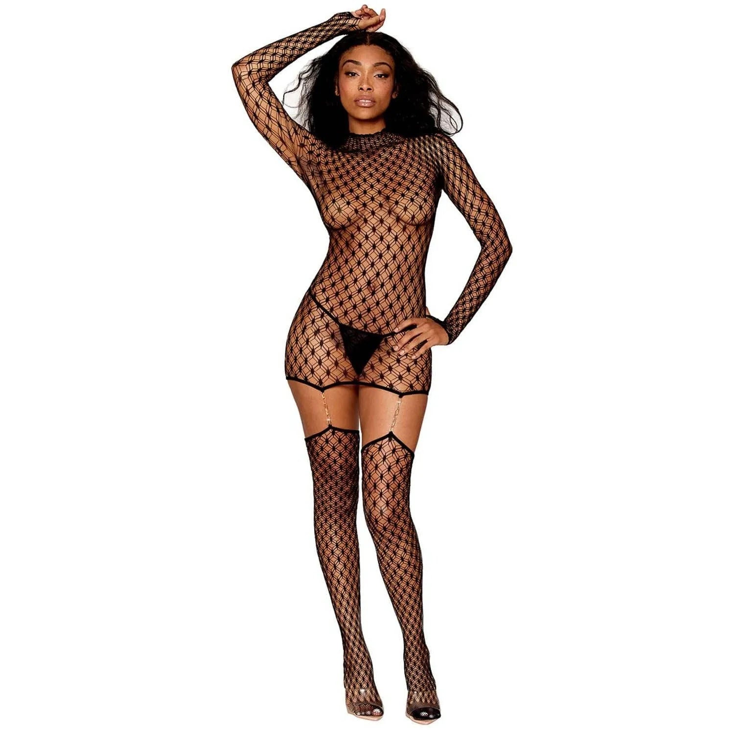 Robe Jarretière En Filet Noir Avec Chaînes Dorées
