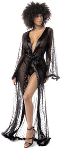 Robe Longue Résille Noire À Pois Avec Ceinture Satin