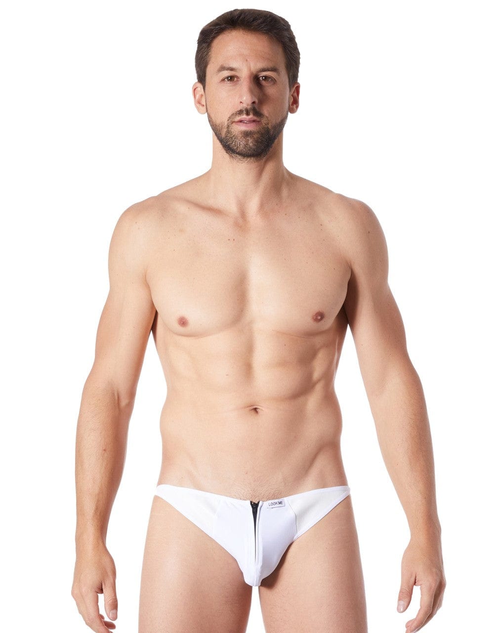 Slip brief blanc sexy avec fermeture éclair et cà´tés style cuir dos transparent - LM813-61WHT