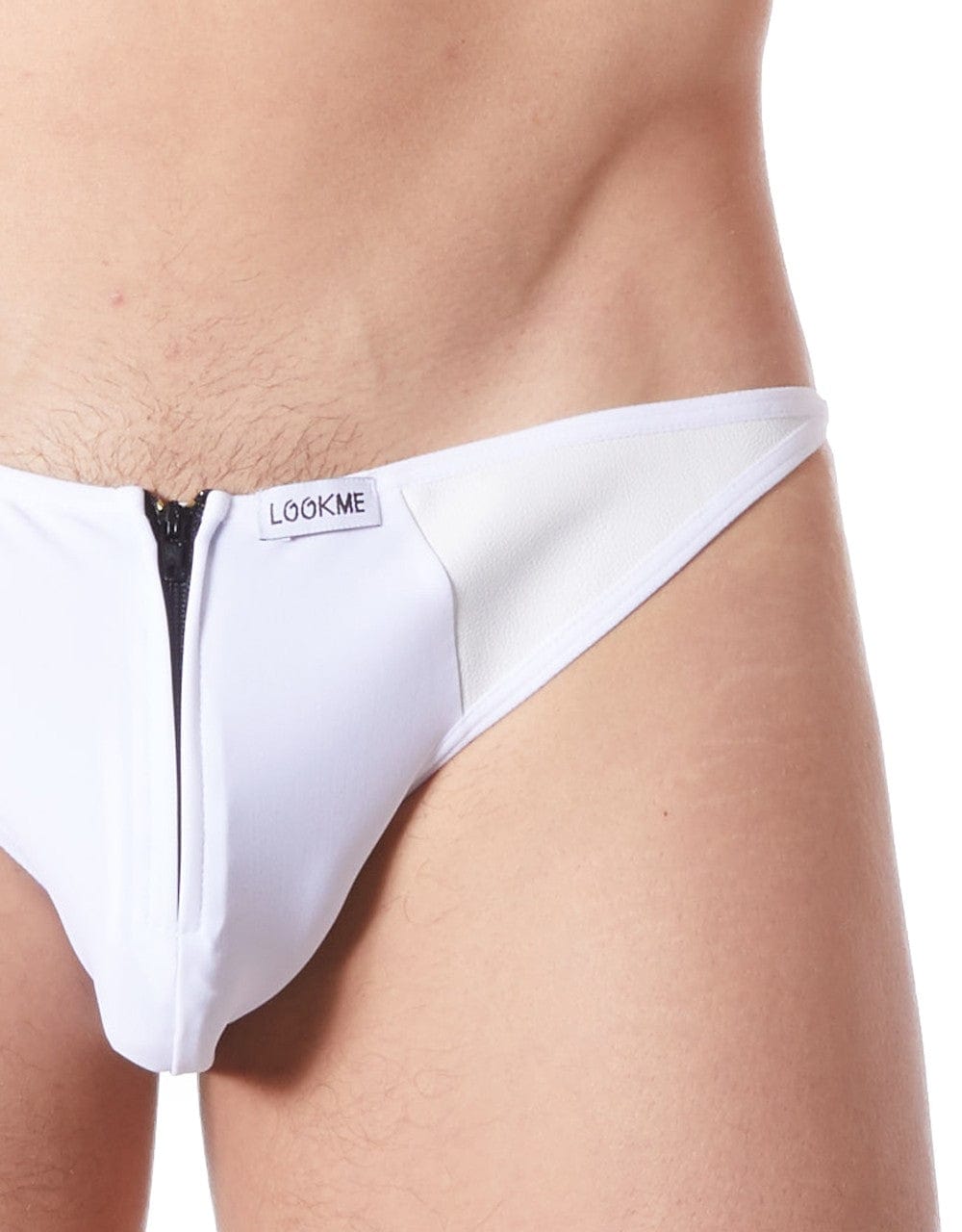 Slip brief blanc sexy avec fermeture éclair et cà´tés style cuir dos transparent - LM813-61WHT