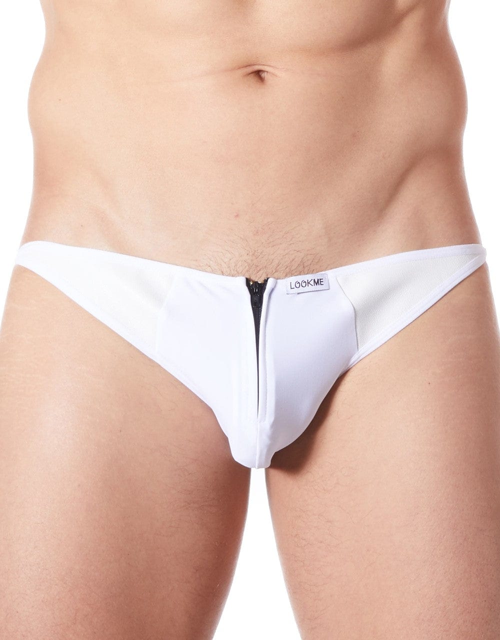 Slip brief blanc sexy avec fermeture éclair et cà´tés style cuir dos transparent - LM813-61WHT