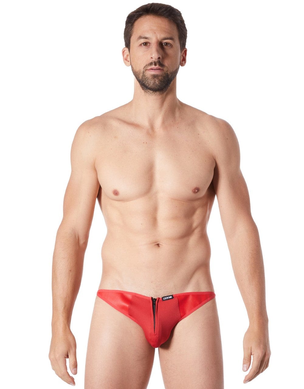 Slip brief rouge sexy avec fermeture éclair et cà´tés style cuir dos transparent - LM813-61RED