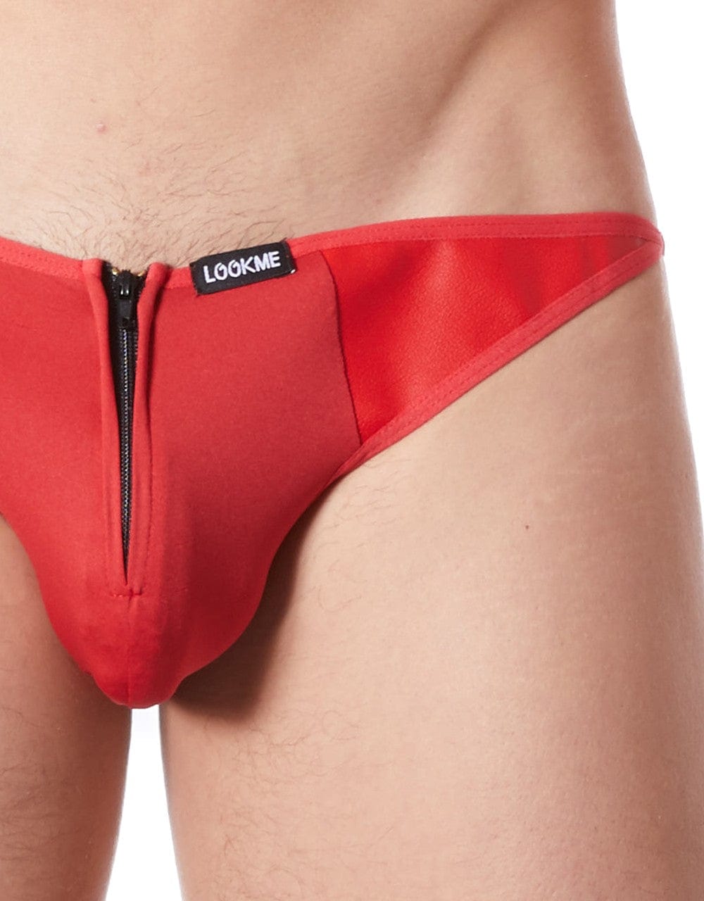 Slip brief rouge sexy avec fermeture éclair et cà´tés style cuir dos transparent - LM813-61RED