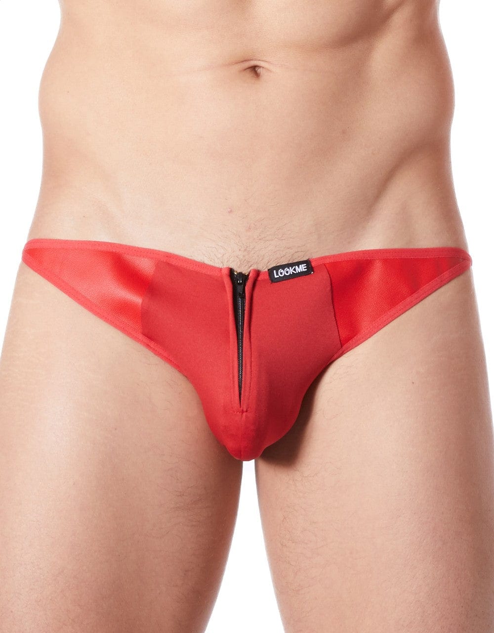 Slip brief rouge sexy avec fermeture éclair et cà´tés style cuir dos transparent - LM813-61RED