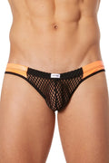 Slip Échancré Homme Filet Noir Chic Bandes Simili Cuir Orange