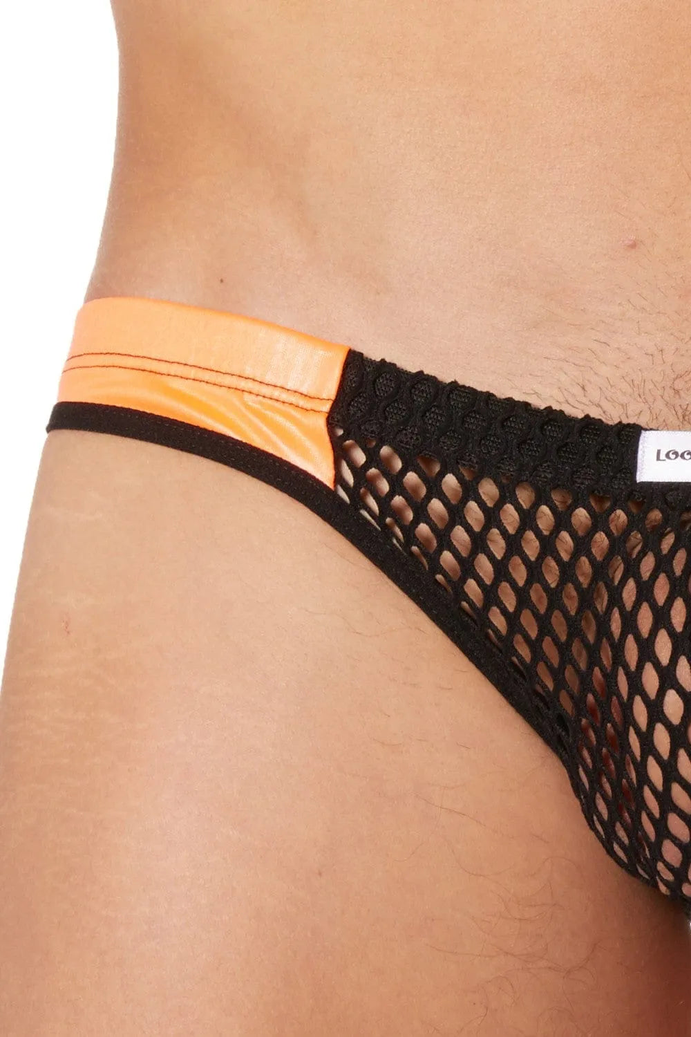 Slip Échancré Homme Filet Noir Chic Bandes Simili Cuir Orange