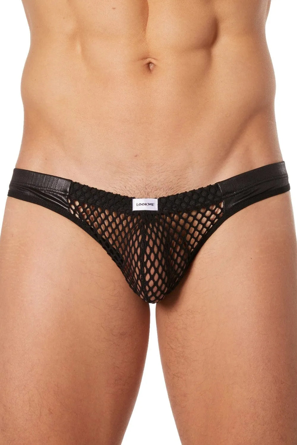 Slip Échancré Homme Noir Filet Et Simili Cuir