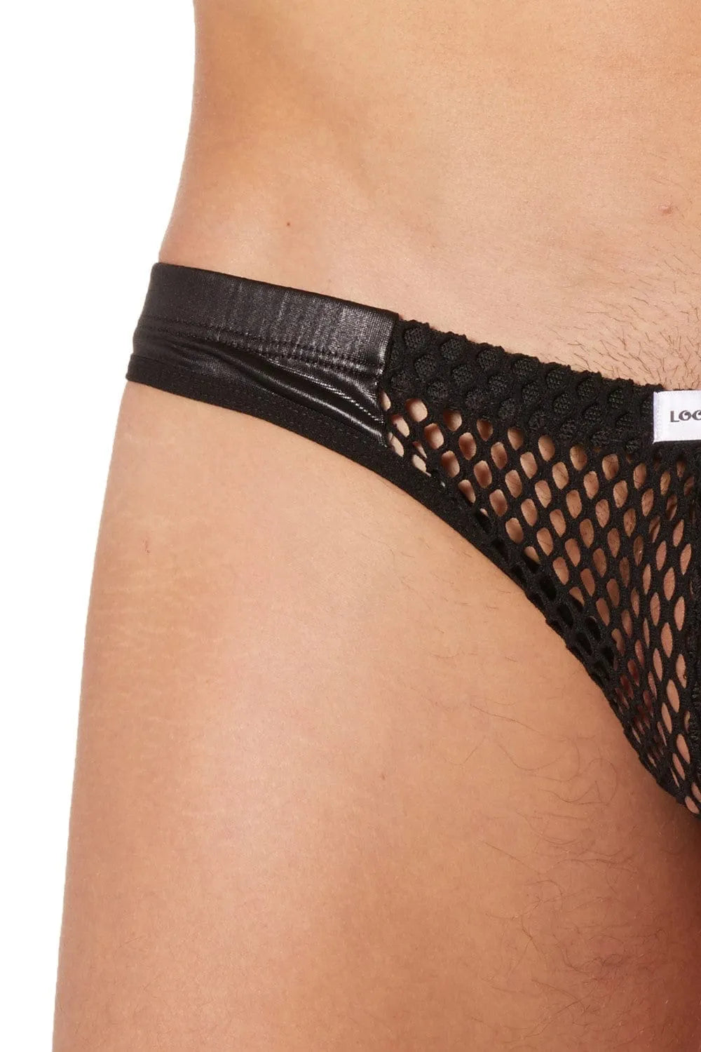 Slip Échancré Homme Noir Filet Et Simili Cuir