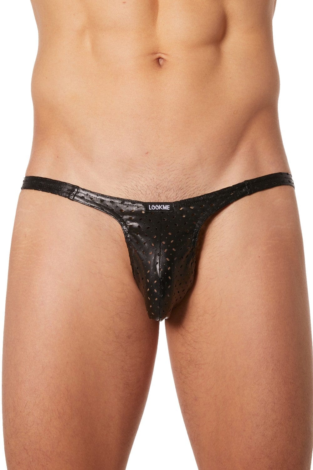 Slip échancré noir simili cuir finement ajouré - LM811-61BLK