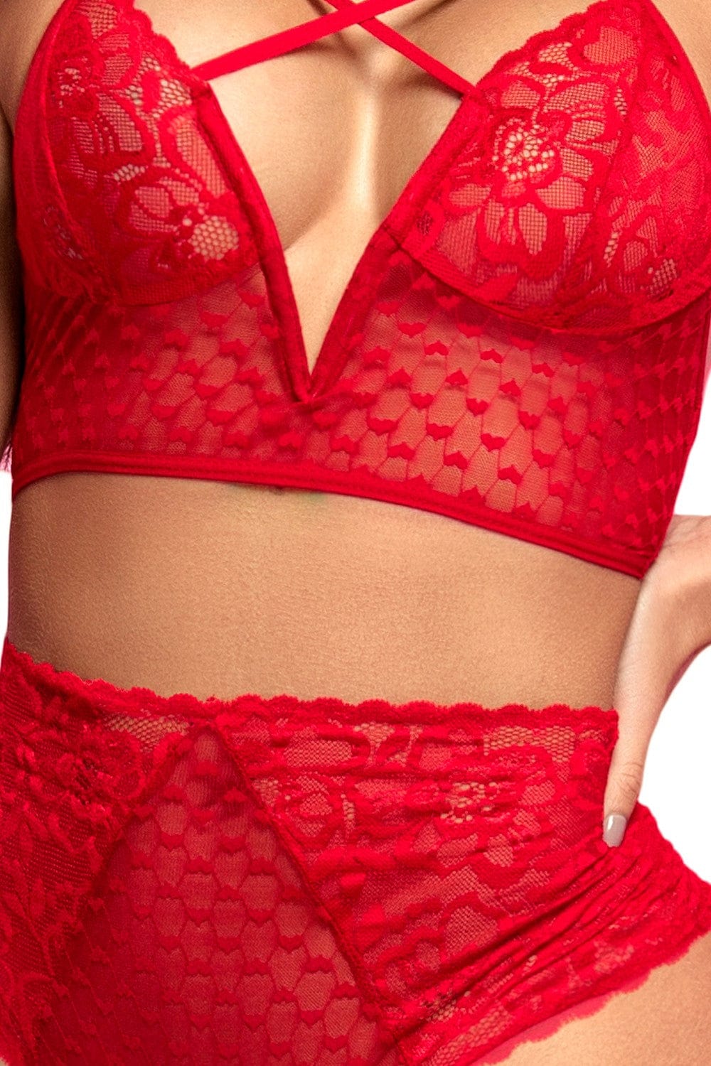 Soutien-gorge et culotte taille haute rouge en dentelle - MAL8564RED