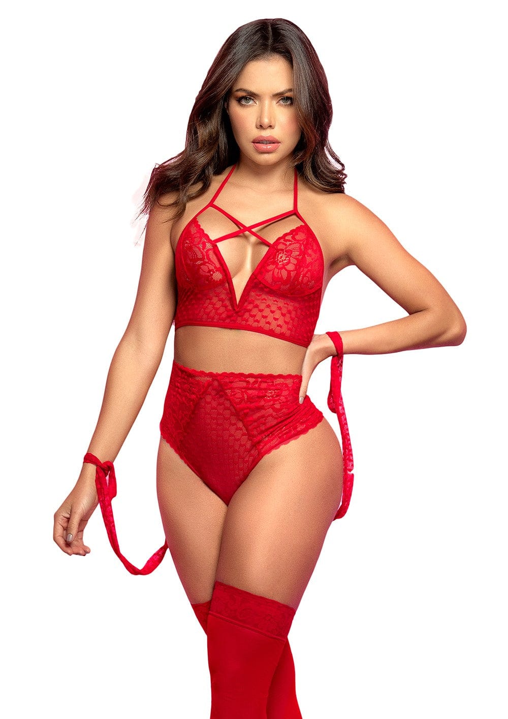 Soutien-gorge et culotte taille haute rouge en dentelle - MAL8564RED