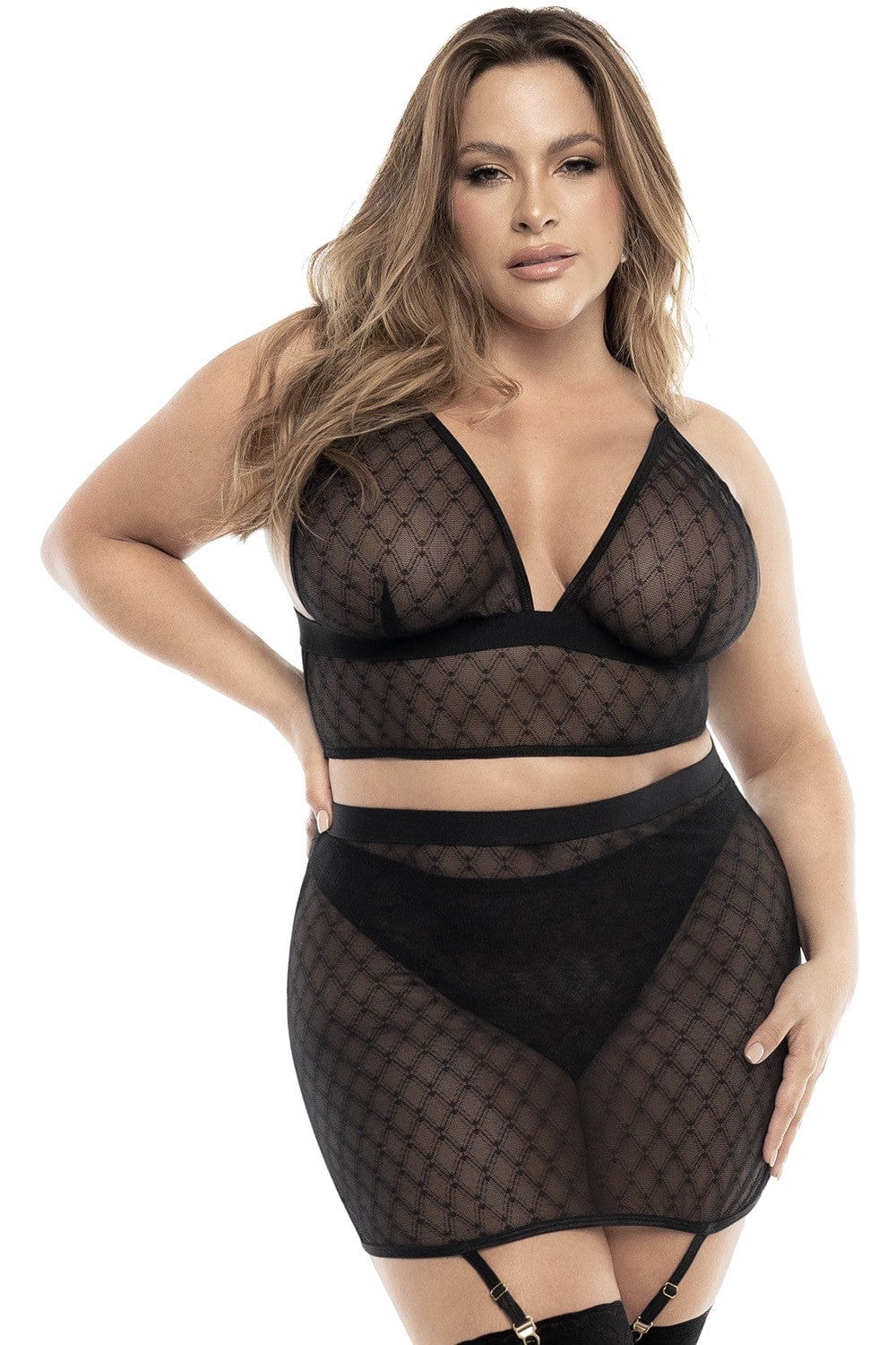 Soutien-gorge, string et jupe, grande taille, résille noire - MAL8776XBLK