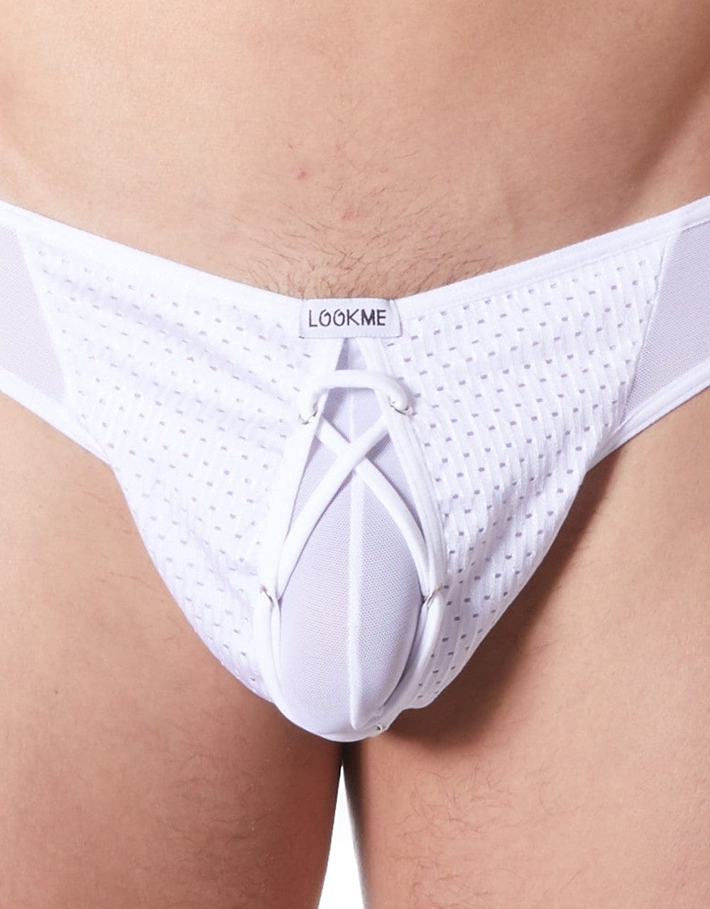 String blanc sexy fine maille transparente doublure opaque et lacet - LM899-05WHT